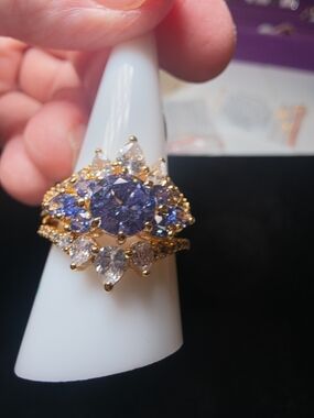 Gold-Plated Purple CZ Halo Statement Ring - Women Jewelry